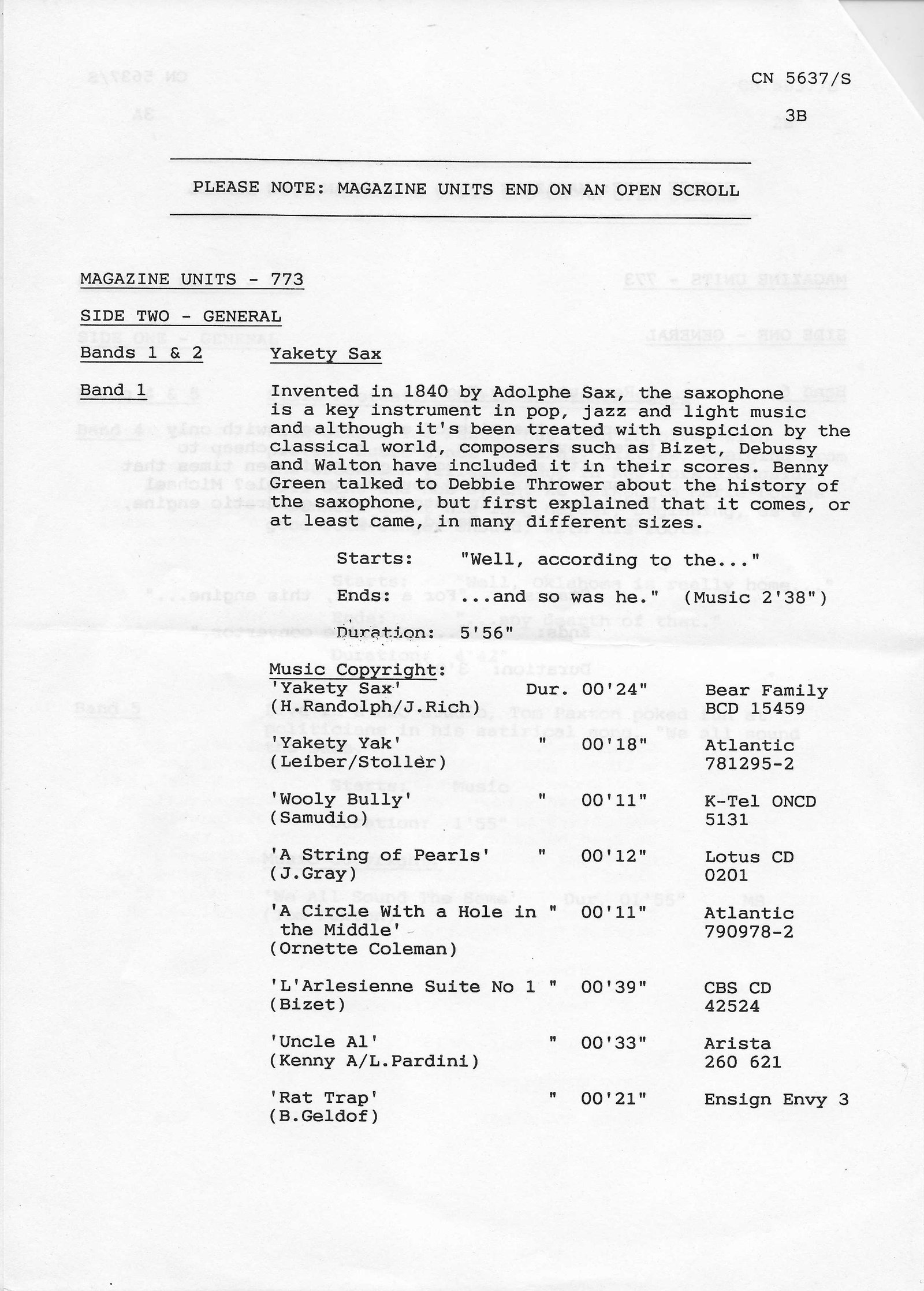 Inserts from CN 5637 S
